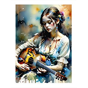 Gitar Çalan Kız Desenli Mdf Tablo 35cm X50cm 35x50 cm