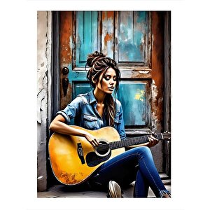 Akustik Gitar Çalan Kız Desenli Mdf Tablo 35cm X50cm 35x50 cm