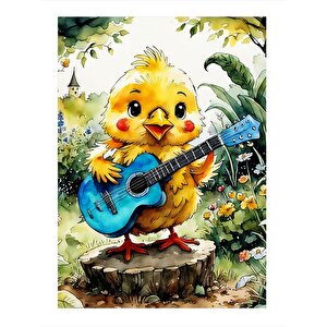 Gitar Çalan Civciv Modern Ahşap Tablo 35cm X50cm 35x50 cm