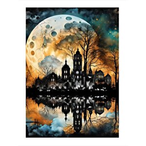 Dolunay Ve Şehir Model Ahşap Tablo 25cmx 35cm 25x35 cm