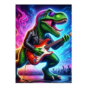 Elektro Gitar Çalan Dinozor Modern Ahşap Tablo 35cm X50cm 35x50 cm