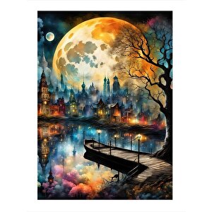 Dolunay Ve Kasaba Manzarası Modern Ahşap Tablo 25cmx 35cm 25x35 cm