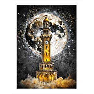 Saat Kulesi Ve Dolunay Desenli Ahşap Tablo 25cmx 35cm 25x35 cm