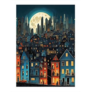 Renkli Binalar Ve Dolunay Hediyelik Ahşap Tablo 35cm X50cm 35x50 cm