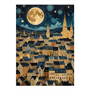 Dolunay Ve Sarı Şehir Desenli Ahşap Tablo 25cmx 35cm 25x35 cm
