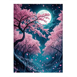 Pembe Ağaç Ve Dolunay Art Mdf Poster 35cm X50cm 35x50 cm