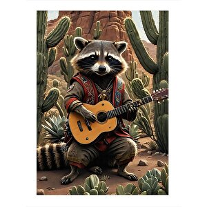 Akustik Gitar Çalan Rakun Desenli Mdf Tablo 35cm X50cm 35x50 cm