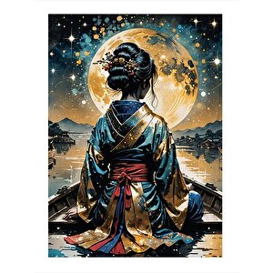 Dolunay Ve Japon Kadın Hediyelik Ahşap Tablo 25cmx 35cm 25x35 cm