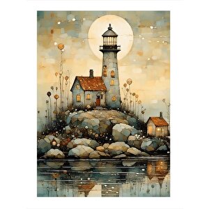 Dolunay Ve Deniz Feneri Çizimi Mdf Tablo 35cm X50cm 35x50 cm
