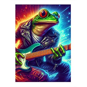 Elektro Gitar Çalan Kurbağa Hediyelik Ahşap Tablo 25cmx 35cm 25x35 cm