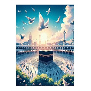 Beyaz Güvercinler Ve Kabe Tasarım Ahşap Tablo 25cmx 35cm 25x35 cm