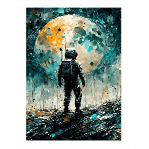 Dolunay Ve Astronot Tasarım Ahşap Tablo 25cmx 35cm 25x35 cm