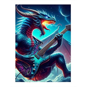 Elektro Gitar Çalan Ejderha Desenli Ahşap Tablo 35cm X50cm 35x50 cm