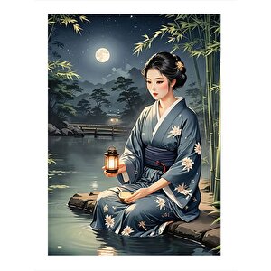 Dolunay Ve Japon Kadın Mdf Poster 25cmx 35cm 25x35 cm