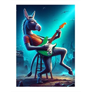 Elektro Gitar Çalan Eşek  Tasarım Ahşap Tablo 35cm X50cm 35x50 cm