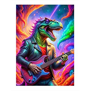 Elektro Gitar Çalan Gözlüklü Dinozor Mdf Tablo 25cmx 35cm 25x35 cm