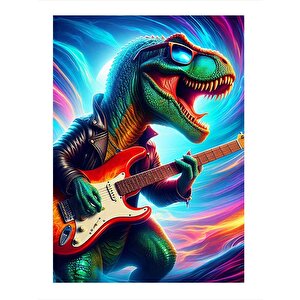 Elektro Gitar Çalan Dinozor Mdf Poster 35cm X50cm 35x50 cm