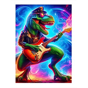 Gitar Çalan Dinozor Dekoratif Ahşap Tablo 25cmx 35cm 25x35 cm