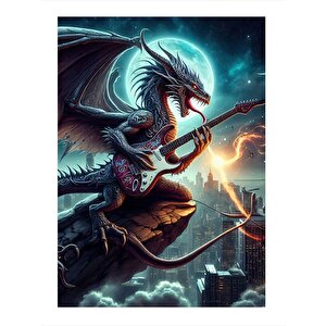 Elektro Gitar Çalan Ejderha Desenli Mdf Tablo 25cmx 35cm 25x35 cm
