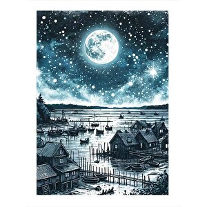 Dolunay Ve Balıkçı Kasabası Mdf Poster 25cmx 35cm 25x35 cm