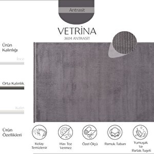 Vetrina 3604 Antrasit Yumuşak Doku Halı Kilim Salon Mutfak Kesme Yolluk Dokuma Makine Halı 120x450 cm
