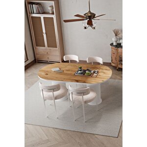 Tual  Beyaz Ptt Ayak 80x180 Yemek Masası Mutfak Masası Masa Teddy Sandalye Takımı(bukle Kumaş)