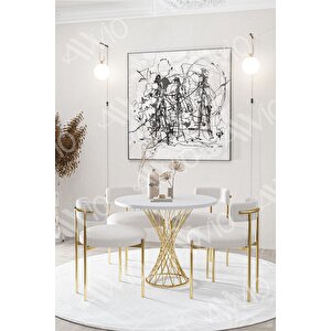 Lisa Mat Gold Teddy Sandalye 90x90 Yuvarlak Yemek Masası Mutfak Masası  Masa Sandalye Takımı