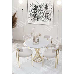 Lisa Mat Gold Teddy Sandalye 90x90 Yuvarlak Yemek Masası Mutfak Masası  Masa Sandalye Takımı