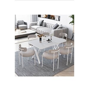 Larina Beyaz Teddy Sandalye 80x140 Yemek Masası Mutfak Masası 6 Kişilik Masa Sandalye Takımı