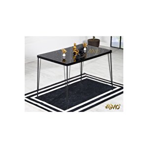 80x120 Berra 4 Kişilik Yemek Masası Takımı-mutfak Masası Takımı-siyah Mermer Desenli Oval Kenar