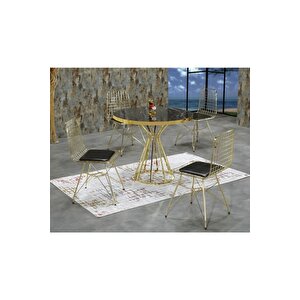Ella 4 Kişilik Siyah Mermer Görünümlü Metal Mutfak Masası Takımı-gold Tel Sandalyeli 90x90 Cm