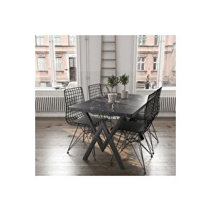 80x120 Siyah Mermer Görünümlü Masa Sandalye Takımı 4 Kişilik