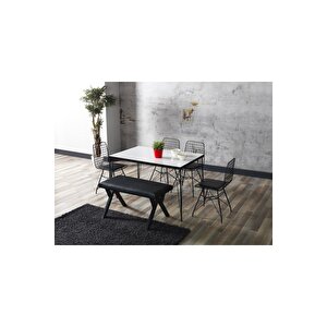 80x120 Home Bade Beyaz Görünümlü Metal Ayaklı Mutfak Masası Ve Bench Takımı