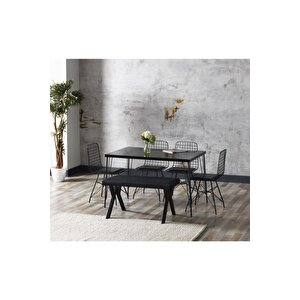 80x120 Mira Siyah Mermer Görünümlü Metal Ayaklı Mutfak Masası Ve Bench Takımı