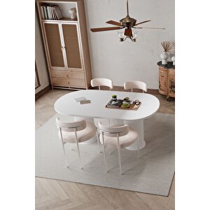Tual  Beyaz Ptt Ayak 80x180 Yemek Masası Mutfak Masası Masa Teddy Sandalye Takımı(bukle Kumaş)
