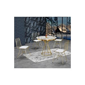 90x90 Ella 4 Kişilik Beyaz Mermer Görünümlü Metal Mutfak Masası Takımı-gold Tel Sandalyeli 90x90 Cm