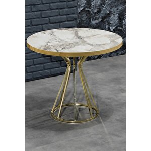 90x90 Ella 4 Kişilik Beyaz Mermer Görünümlü Metal Mutfak Masası Takımı-gold Tel Sandalyeli 90x90 Cm