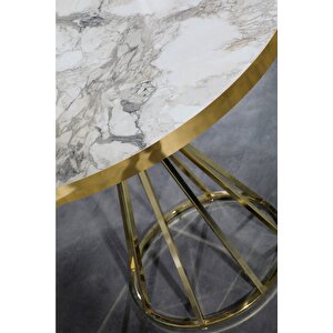 90x90 Ella 4 Kişilik Beyaz Mermer Görünümlü Metal Mutfak Masası Takımı-gold Tel Sandalyeli 90x90 Cm