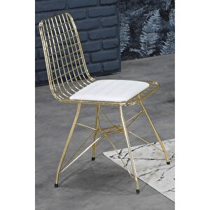 90x90 Ella 4 Kişilik Beyaz Mermer Görünümlü Metal Mutfak Masası Takımı-gold Tel Sandalyeli 90x90 Cm