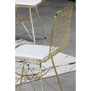 90x90 Ella 4 Kişilik Beyaz Mermer Görünümlü Metal Mutfak Masası Takımı-gold Tel Sandalyeli 90x90 Cm