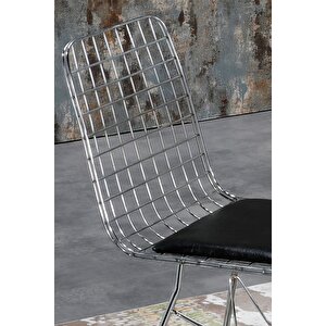 90x90 Elena 4 Kişilik Siyah Mermer Görünümlü Metal Mutfak Masası Takımı-gümüş Tel Sandalyeli