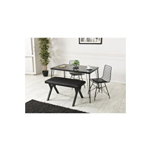 80x120 Asya Siyah Mermer Görünümlü Metal Ayaklı Mutfak Masası Ve Bench Takımı