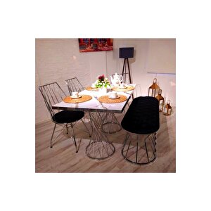 80x140 Beyaz Mermer Desenli Gümüş Benchli Mutfak Masası Takımı