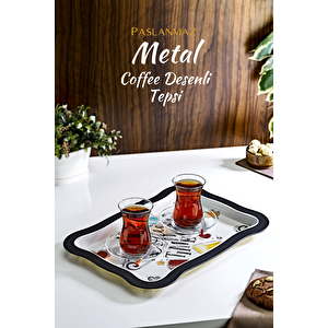 Coffee Desenli Metal Sunum Tepsisi- Çay Kahve Tepsisi