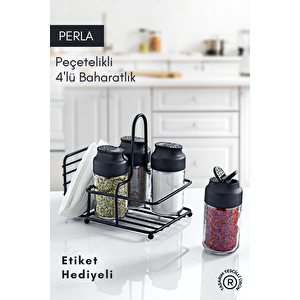 Perla Metal Standlı Peçetelikli 4'lü Çift Kapaklı Cam Baharatlık Seti - Tuzluk Biberlik Peçetelik