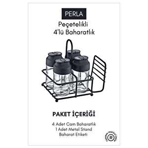 Perla Metal Standlı Peçetelikli 4'lü Çift Kapaklı Cam Baharatlık Seti - Tuzluk Biberlik Peçetelik