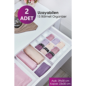 2 Adet Uzayabilen 15 Bölmeli Çekmece Içi Düzenleyici Kravat Çorap Takı Organizeri Beyaz -2'li