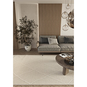 Elit 02 Bej Bukle Salon Halısı Modern Mutfak Halısı Geometrik Halı Koridor Halısı 80x500 cm