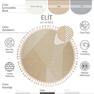 Cool Halı Elit 08 Bej Bukle Salon Halısı Hav Vermez Antre Mutfak Halısı Etnik Örgü Desen Yuvarlak Halı