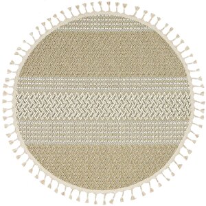 Elit 05 Bej Bukle Salon Halısı Hav Vermez Antre Mutfak Halısı Etnik Örgü Desen Yuvarlak Halı 150x150 cm